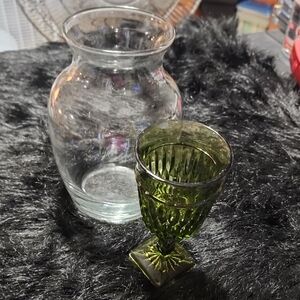 Green Glass Goblet and Clear Glass Vase. VINTAGE.